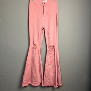 VIBRANT MIU‎ Pink High Waist Ripped Distressed Raw Hem Flare Bell Bottom Jeans